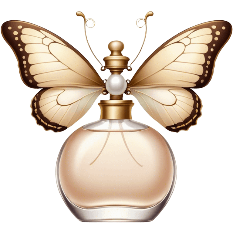 A delicate butterfly with wings in soft beige and pearl hues, resting gently on a vintage perfume bottle.
 emoji