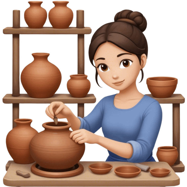 Brunette girl, bun, doing pottery, pottery wheel emoji