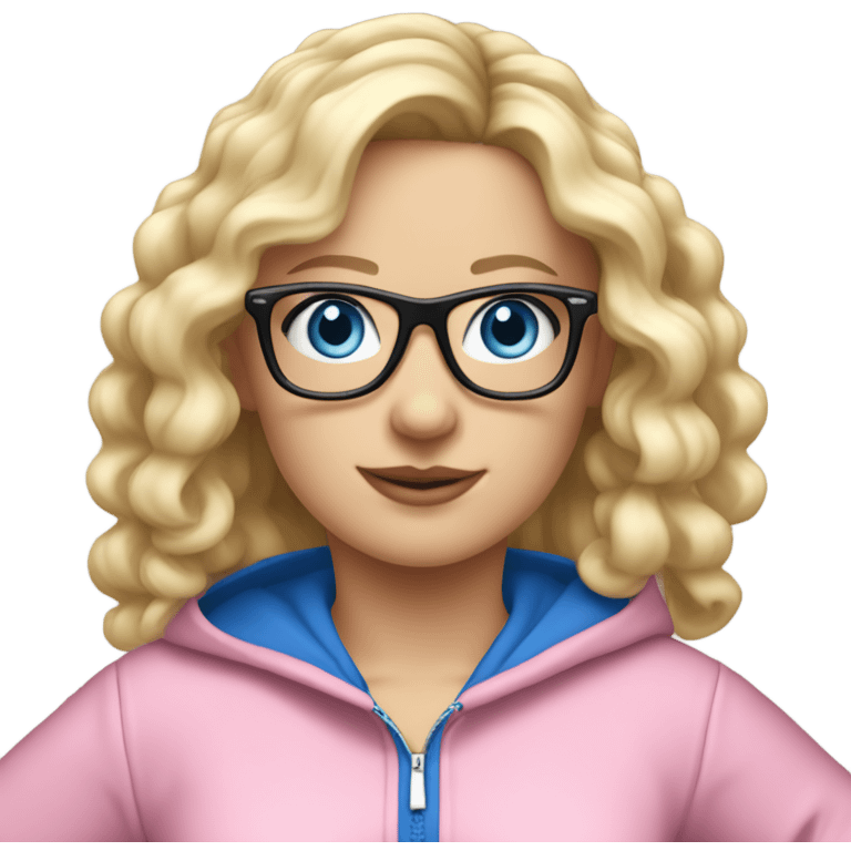 dancing-fair-haired-white-girl-pink-oversize-tracksuit-black-glasses-blue-eyes emoji