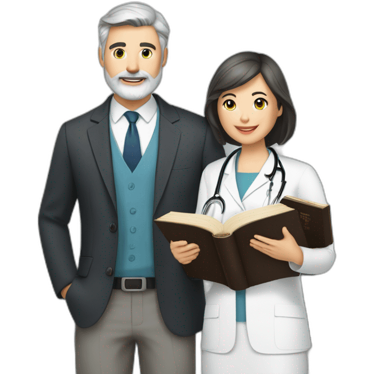 husband classy caucasian partly gray hair trimmed beard wearing business suit holding bible, with wife asian age 55 dark hair nurse uniform, no children emoji