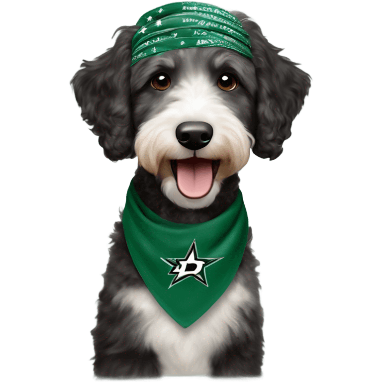 Aussiedoodle wearing a bandana with the NHL Dallas Stars hockey team logo emoji