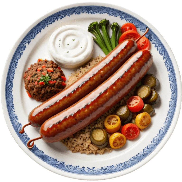 Cinematic Realistic image of a long, sausage-shaped Turkish Köfte, rendered with richly spiced meat textures and subtle grill marks, artfully arranged on a traditional Turkish ceramic plate alongside classic sides such as a serving of aromatic pilaf, crisp grilled vegetables, and a dollop of creamy yogurt, all bathed in warm, appetizing lighting that emphasizes its savory allure. emoji