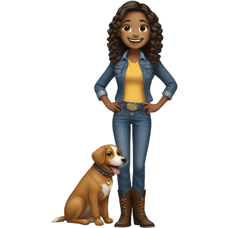 smiling girl with dog in bootcut jeans with cowboy boots  emoji