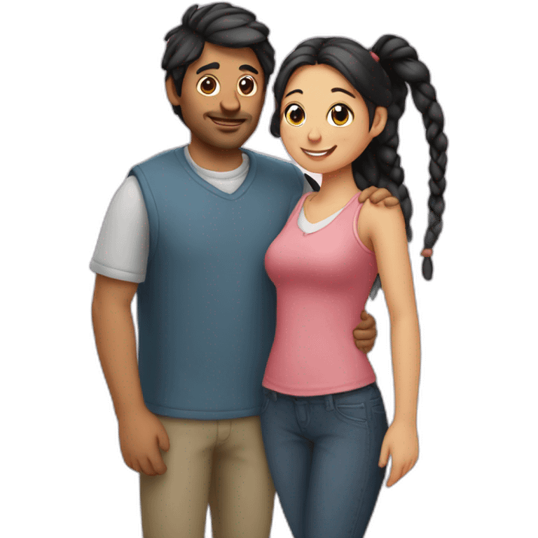 Man loves woman with pigtails, heart between them emoji