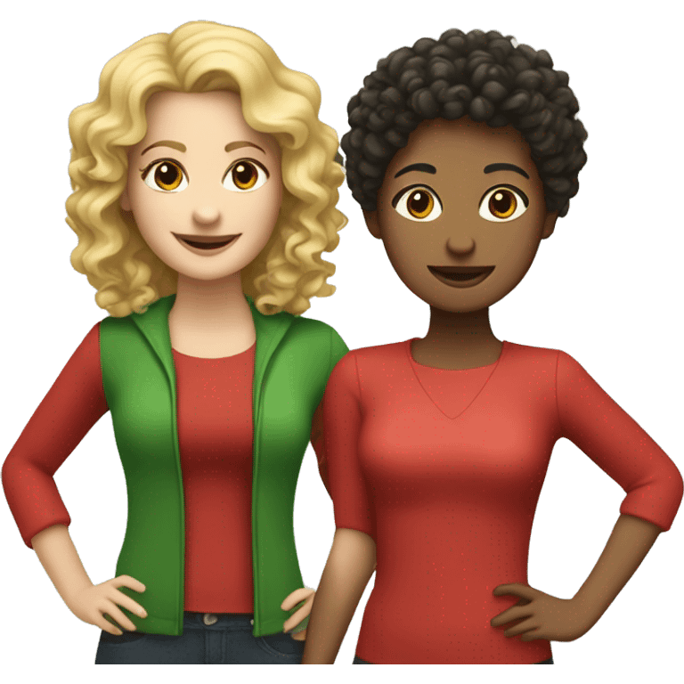 two friends: a curly-haired woman with dark hair in red clothing and a blonde in green emoji