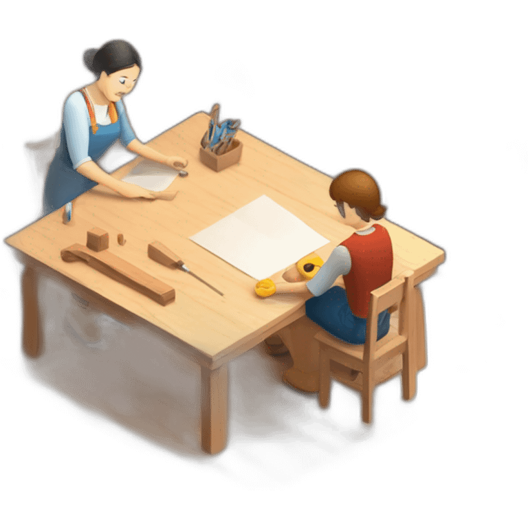 isometric square transparent solid outline border containing indoor woodworking teacher with student teaching in creative workshop on long table emoji