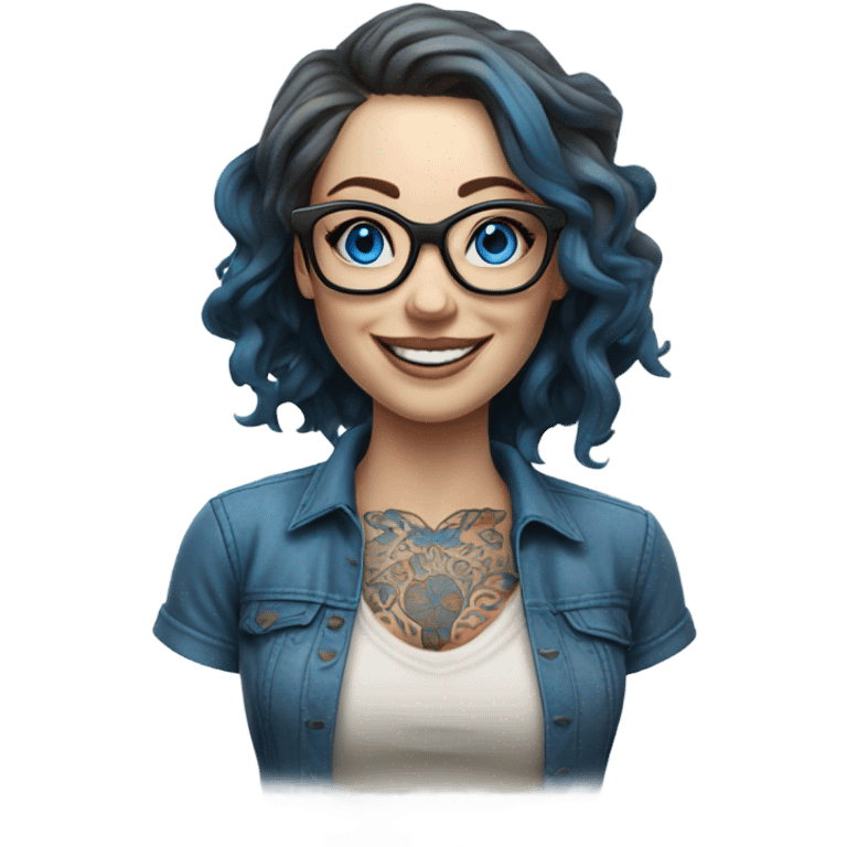 3d photo Realistic Balayage pale beautiful tattooed woman with glasses and blue eyes happy  emoji