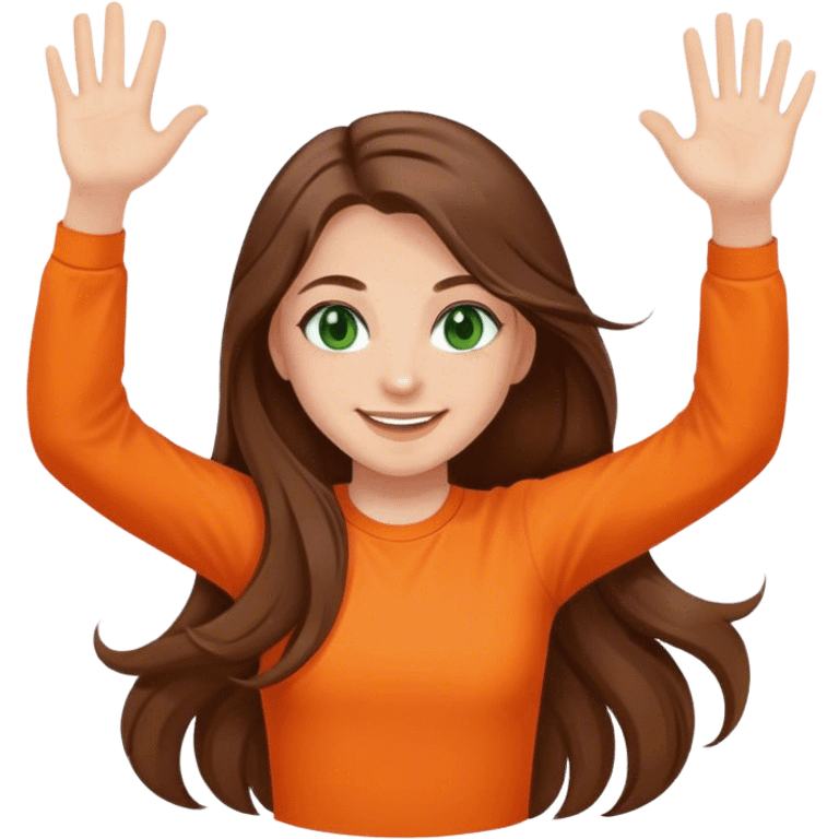 smiling girl with long brown hair, middle hair split, waving, green eyes, orange shirt emoji