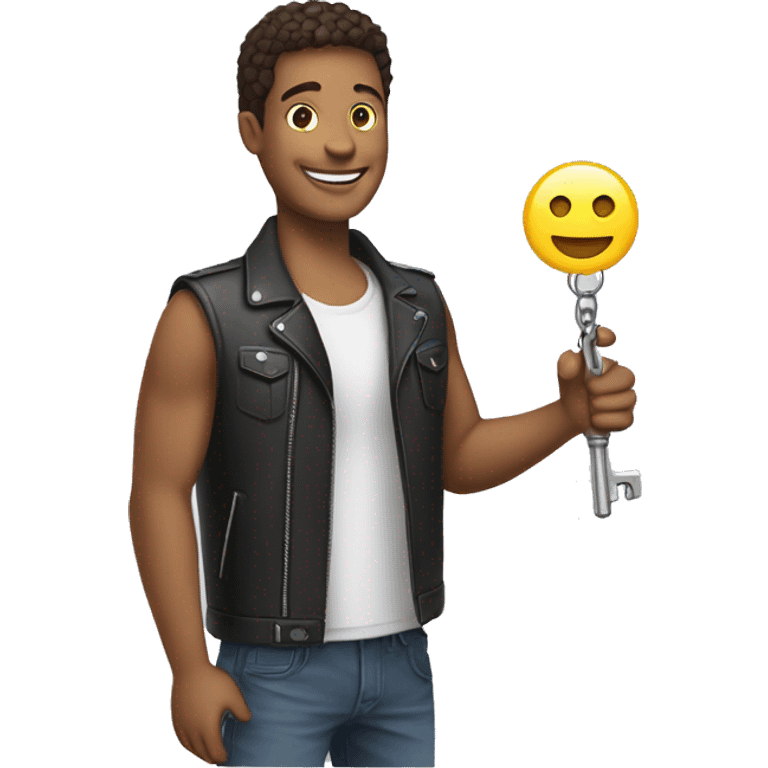 A happy person holding a motorcycle key in his hand emoji