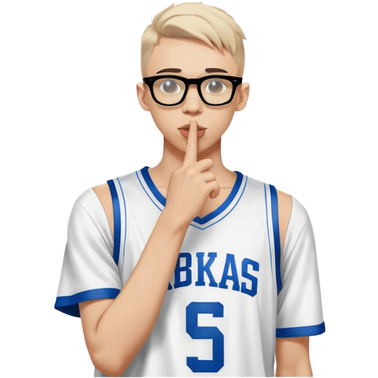 a man with glasses holding his finger to his lips, techwear fashion, at a fashion shoot, white: 0.5, fornite, wearing nba jersey, censored, maxim sukharev, official vuitton editorial, skinny caucasian young man, secrets, editorial photo, discord profile picture, swat emoji