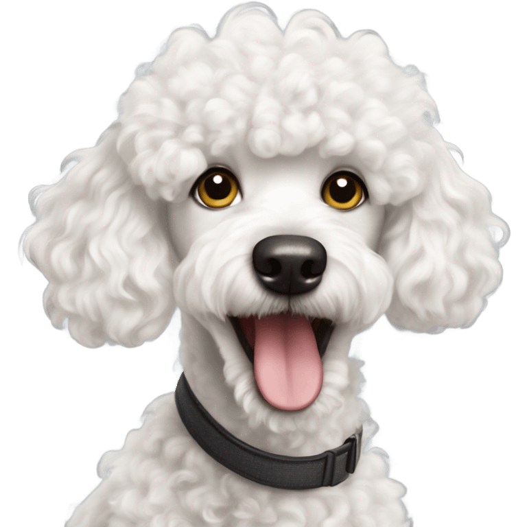 curly white dog poodle, eyes wide and hyperactive  emoji