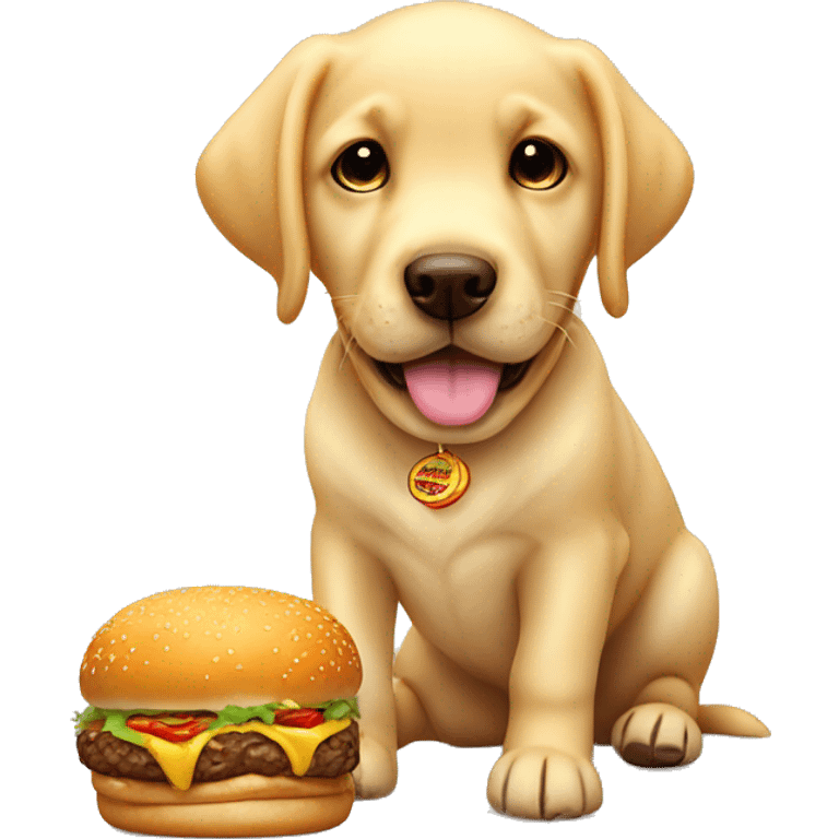 Cute golden Labrador puppy with a big burger emoji