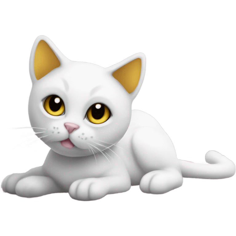 A sleek white cat with black markings on its head and body, large upright black ears, golden-yellow eyes, and a light pink nose, lying on a crocheted white mat. emoji