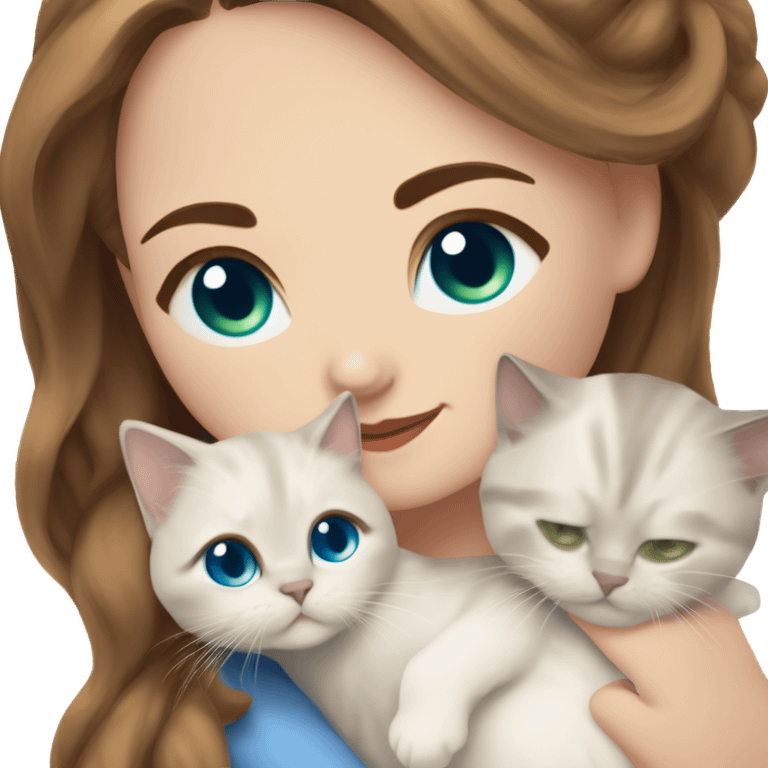 white woman with medium-length brown hair, green eyes and brown freckles on the face under the eyes, holding her sacre de birmanie kitten in her arms with much love, the baby cat has blue eyes, a lot of dark areas on ears and middle of the face. blue eyes emoji