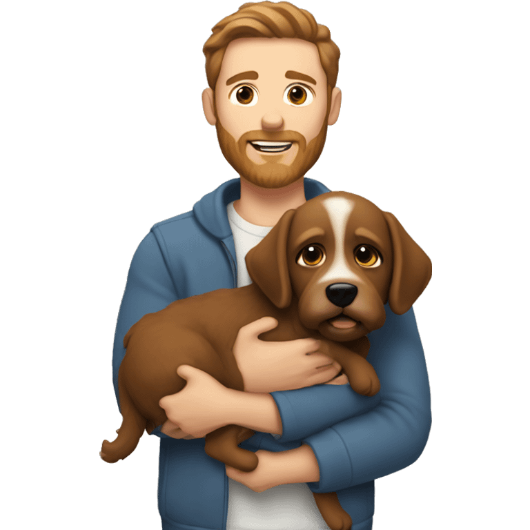 White man with brown hair and brown beard holding puppy dog emoji