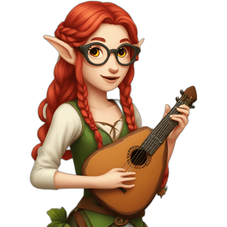 female elf bard red long hair  with braid glases lute emoji