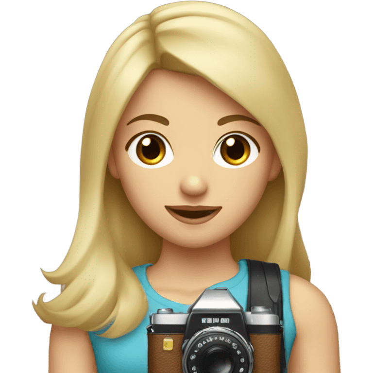 the girl has blond hair with bangs and brown eyes holding a camera emoji