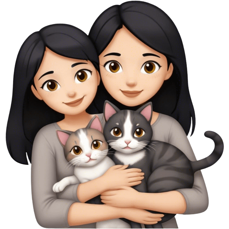 happy girl with black hair hugging three cats  (carey cat, gray cat, brown calico cat) emoji