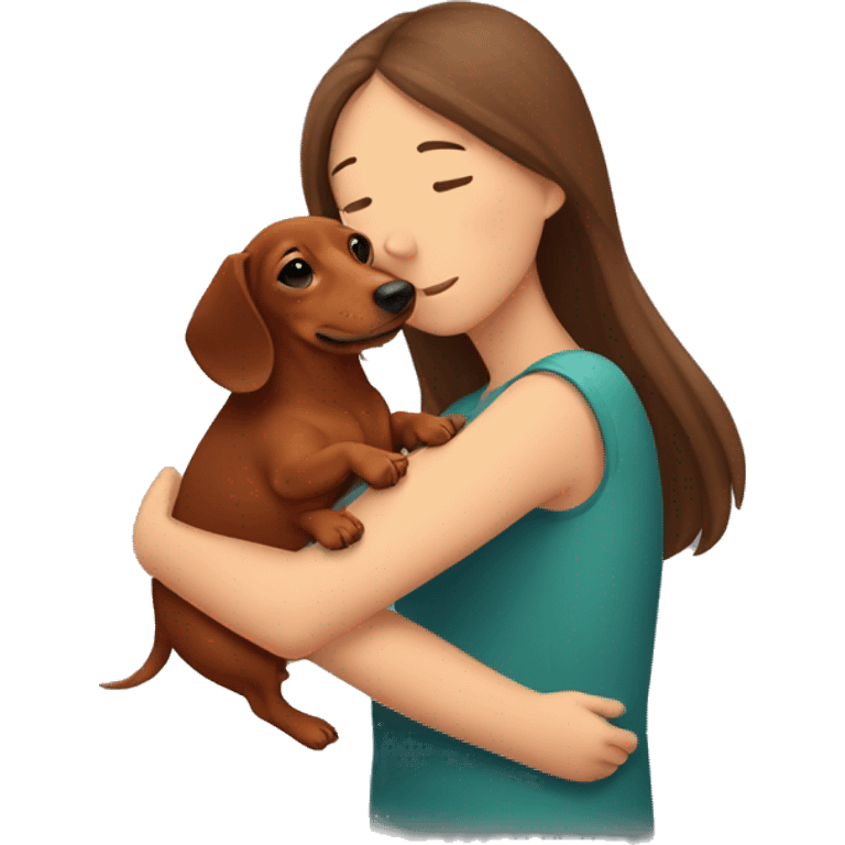 A brown-red dachshund in the arms of a girl with brown hair emoji