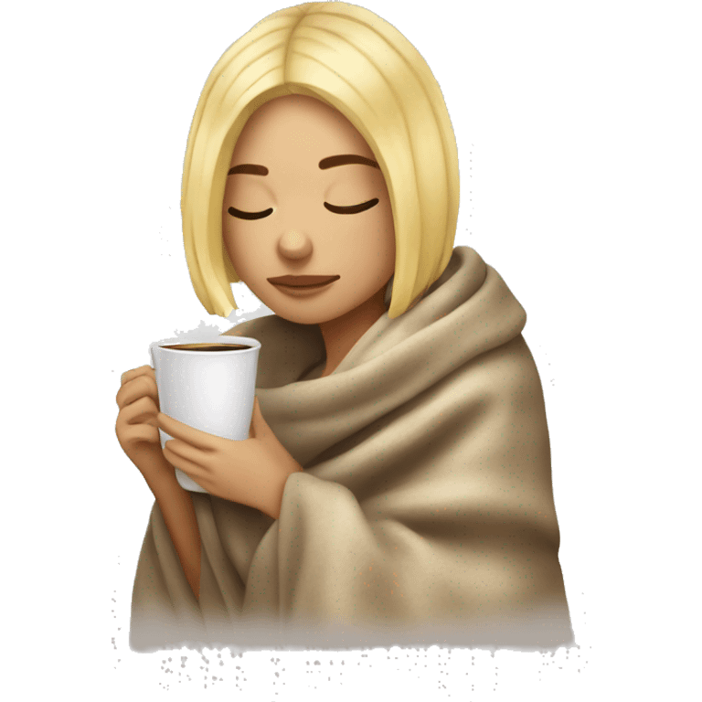 Blonde girl with bob haircut inside a blanket sipping coffee eyes closed emoji