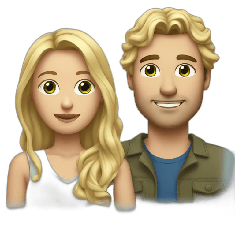 An american couple. The woman is blonde and has blue eyes and EXTREMELY long wavy hair. The man has brown, short hair, his left ear is perced. His eyes are green emoji