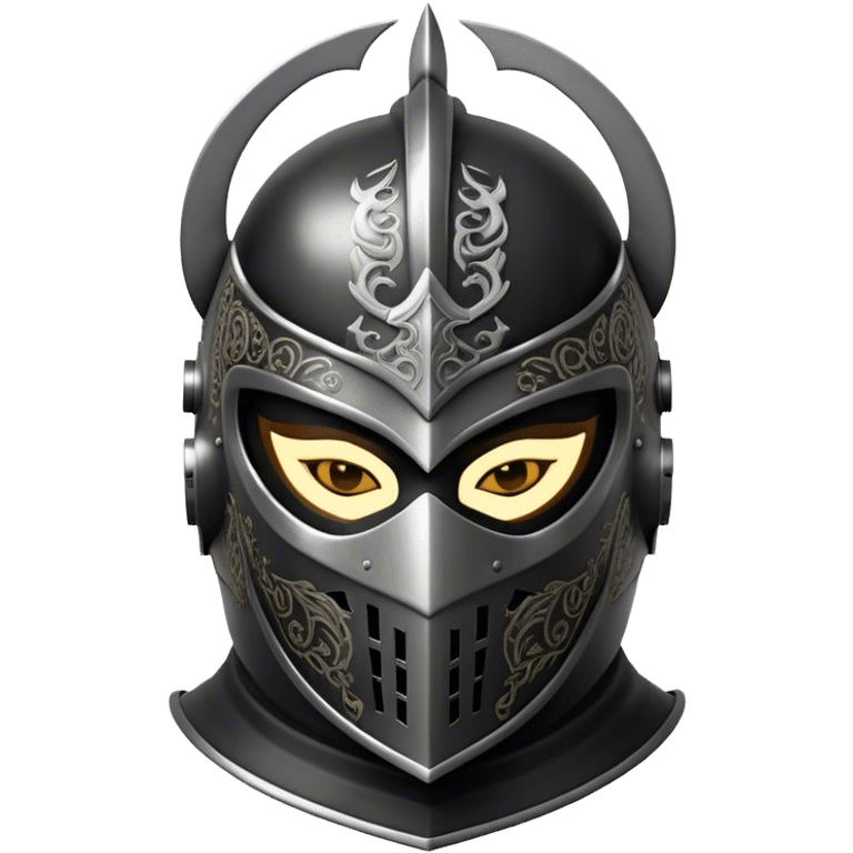 A masked man knight with intricate black engravings on his steel helmet, eyes glowing with fury emoji