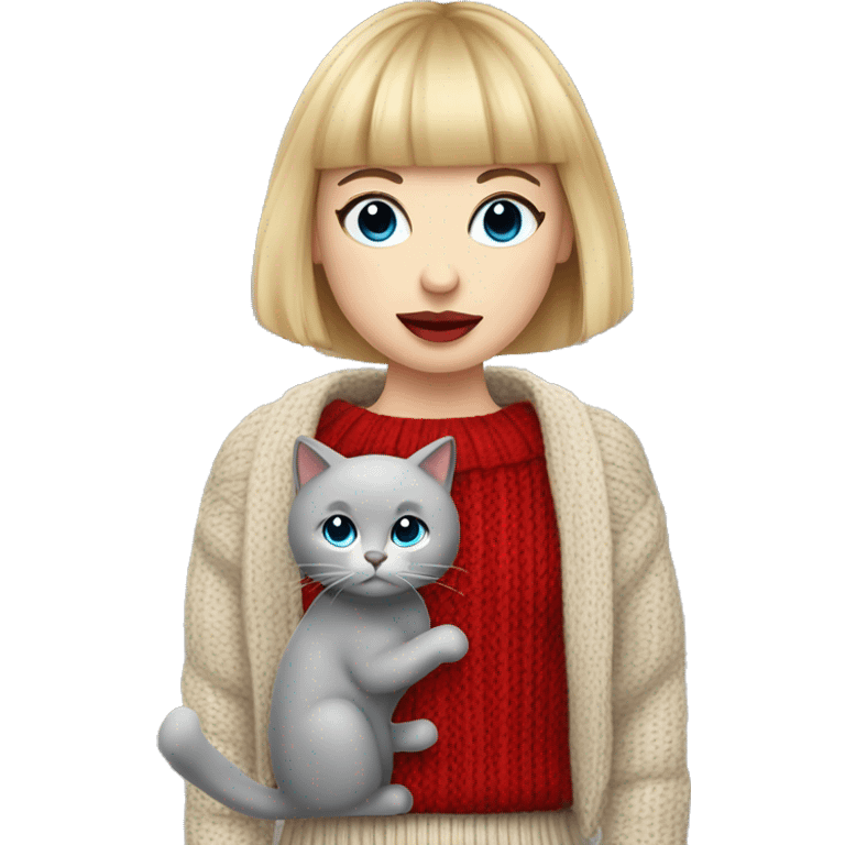 girl with blonde bob hair and bangs (a fringe) with blue eyes, long eyelashes and red lipstick wearing a red cable knit sweater. She must be holding a grey cat emoji