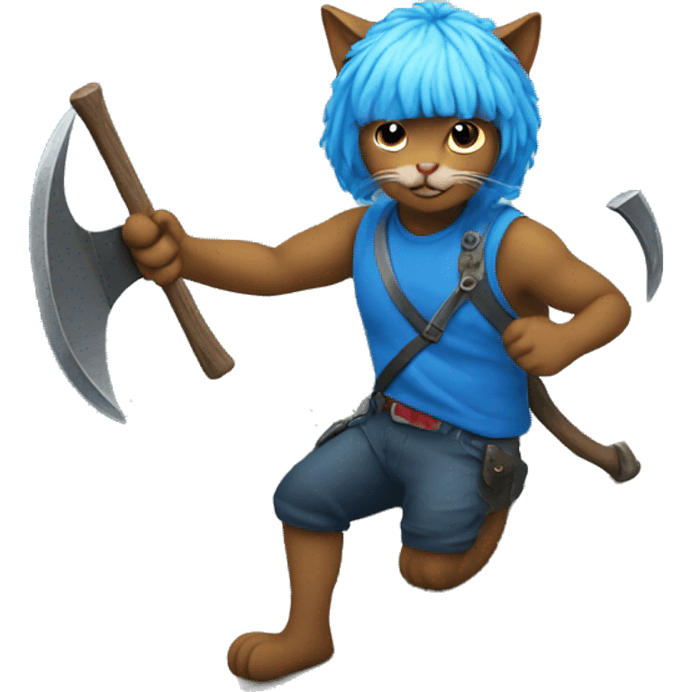 Cat with blue wig and axe climbing on a mountain  emoji