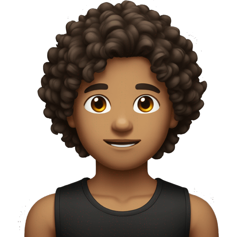 Boy with gradient hair on the sides and curly hair on top, dark brown eyes, wearing black tank top emoji