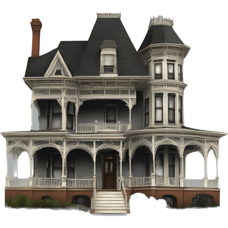 Side view Victorian style . Extra large Haunted Addams 8 story tall house. Wraparound porches porticos emoji