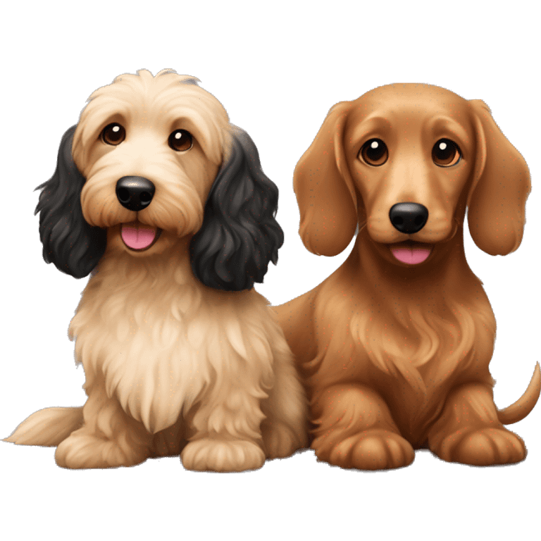 Brown golden doodle and black and tan and cream longhair dachshund sitting together  emoji