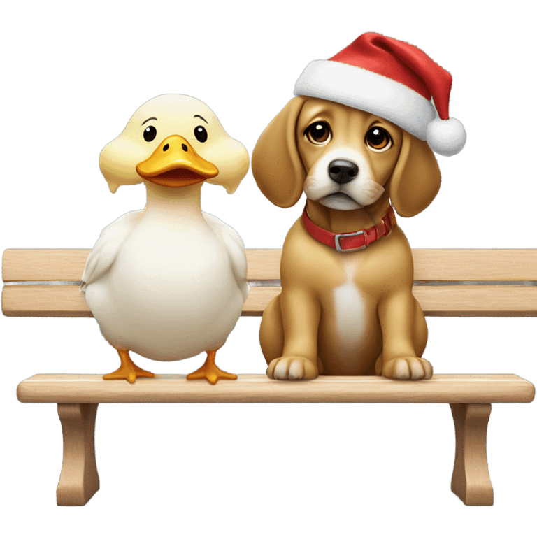 dog and baby duck sitting next to each other on a bench with christmas hats emoji