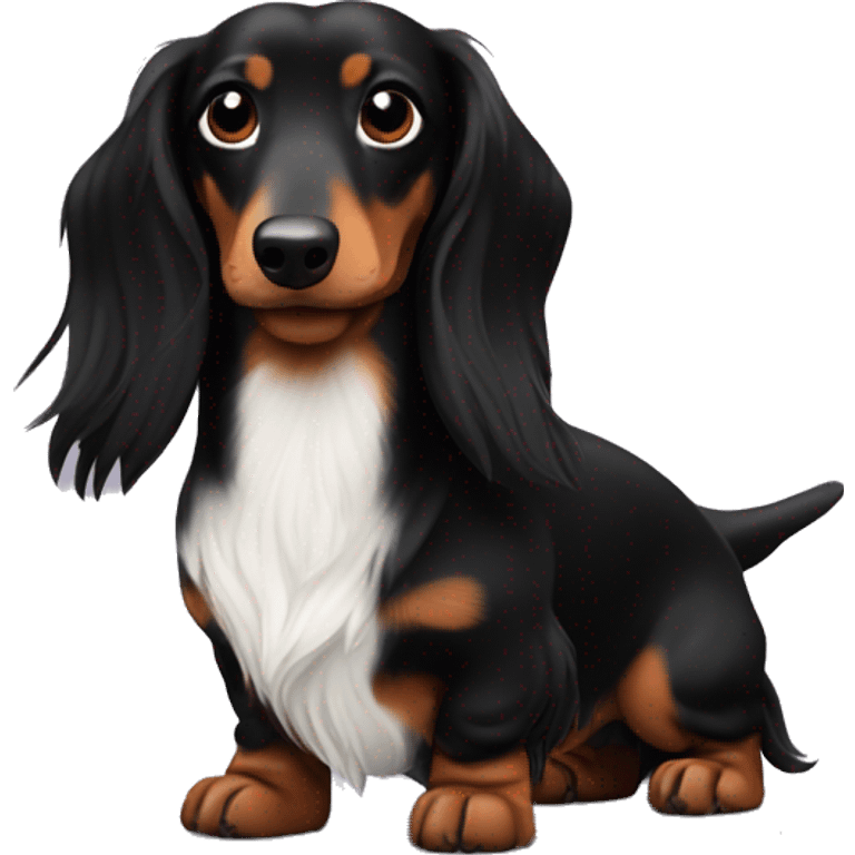 long haired dachshund black only a bit of white on the chest and muzzle emoji