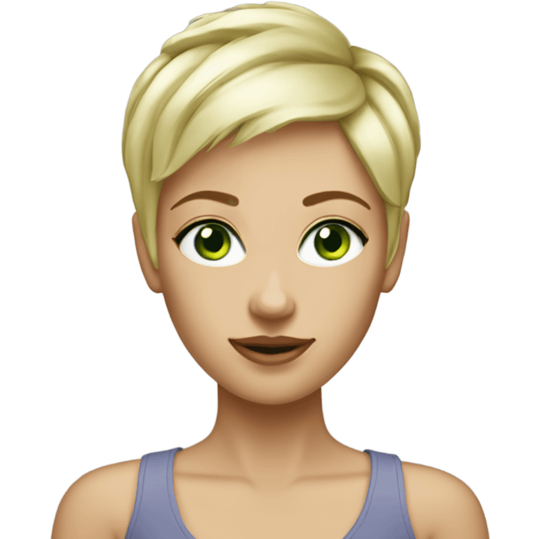 Blond crop pixie haircut woman green eyes emoji