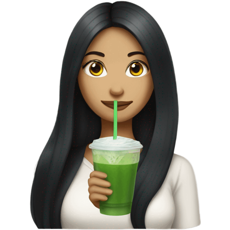 female with long black hair holding an iced matcha emoji