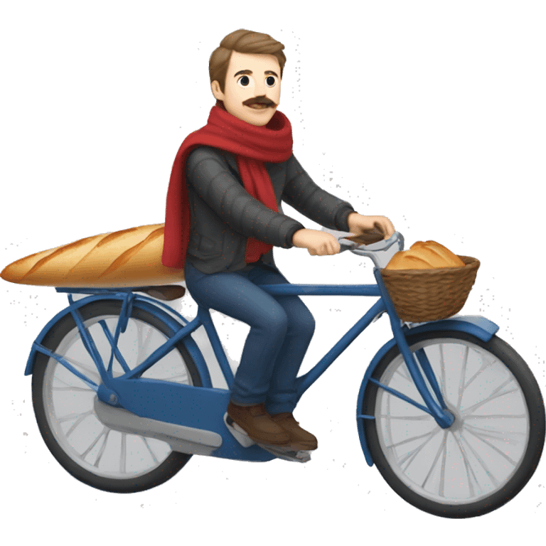 white parisian white man with a white with brown hair a moustache shirt with blue stripes, on a bike, wearing a red scarf and holding a baguette emoji