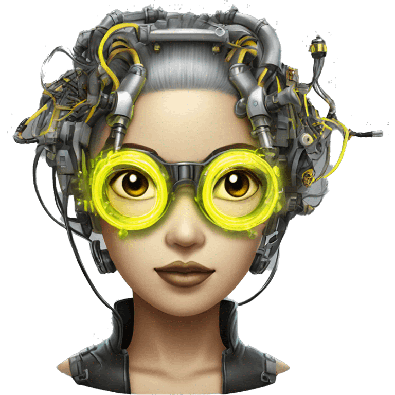 Neon yellow bobbed hair Asian female cyborg head with silver steampunk goggles and circuits emoji