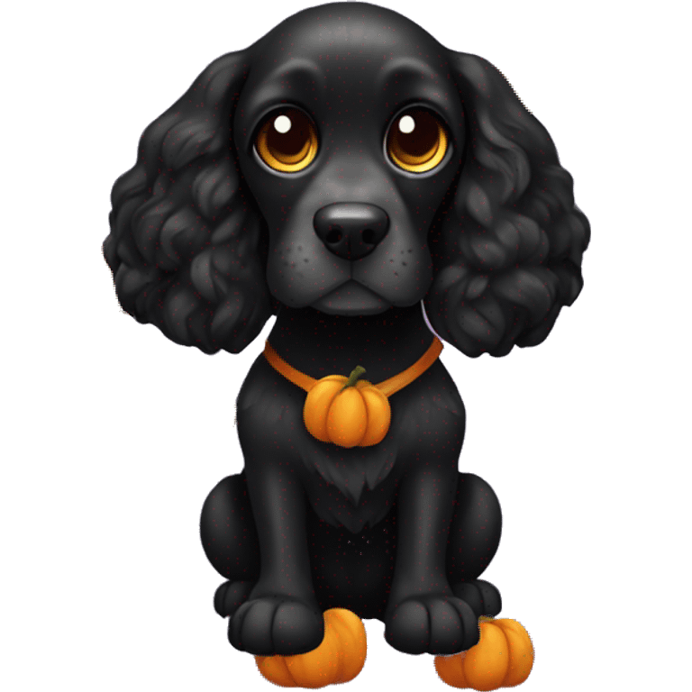 Black Cocker spaniel dog wearing pumpkin costume emoji