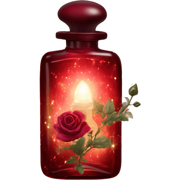 Dark red magic fairy light sparkling old Antique oil perfume bottle with herbal and rose flowers emoji