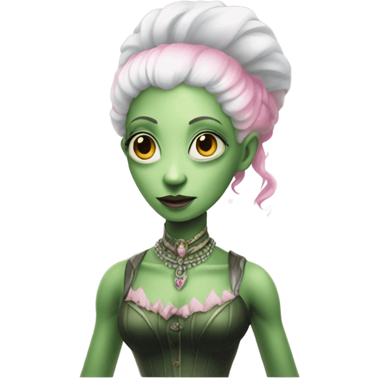 a green amazon alien woman in Victorian white gold pink hair full body  emoji