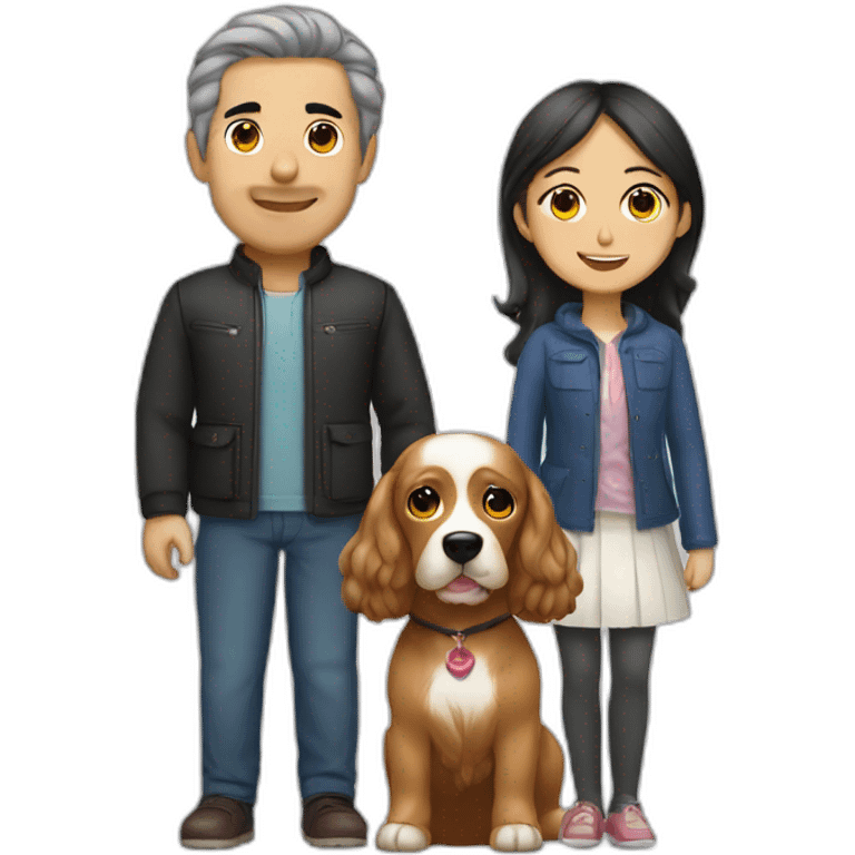 Turkish man with Korean girl and cocker spaniel emoji