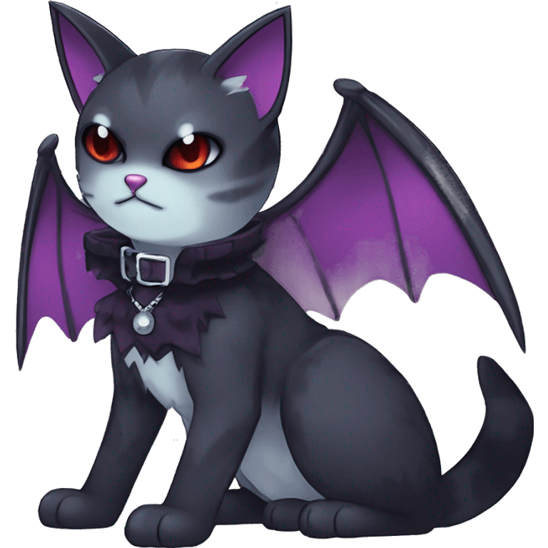   cool edgy kawaii anime-style ethereal dark-punk-themed animal vampiric cat-hybrid Fakemon with fangs and bat-wing-ears with a collar full body emoji