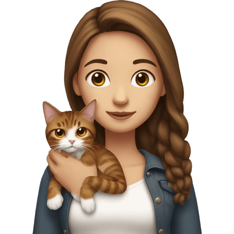 Long brown-haired girl holding a long haired tabby cat emoji