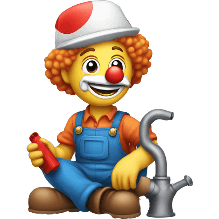 clown face emoji as a plumber sitting and fixing pipe emoji