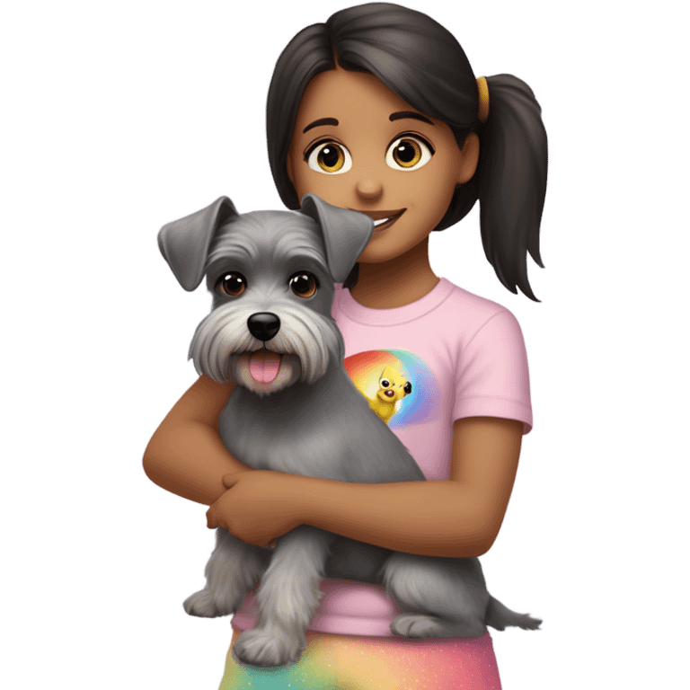 A tweety four-year-old girl with dark hair and brown eyes in a light pink T-shirt and rainbow leggings hugs a gray miniature Schnauzer dog emoji