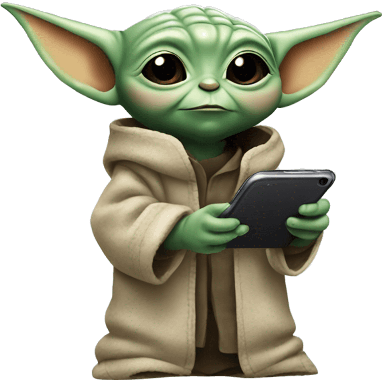 Baby Yoda is holding a smartphone, checking construction plans emoji