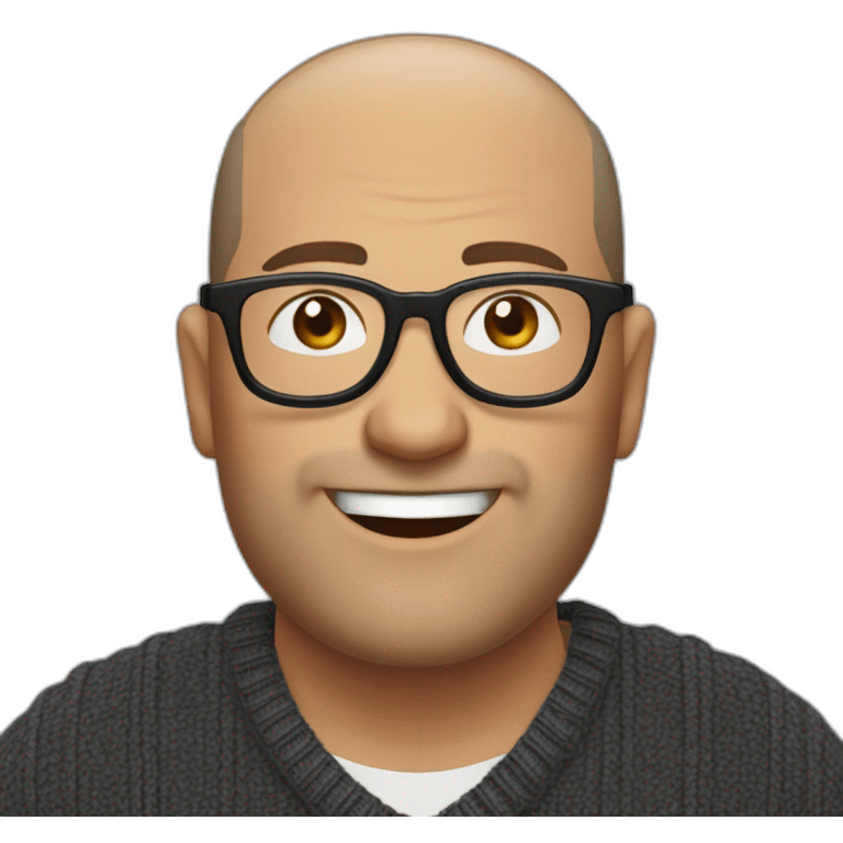 Middle age man with buzz cut salt and pepper dark hair, thick frame glasses, with a round face and broad smile, wearing a v-neck sweater emoji