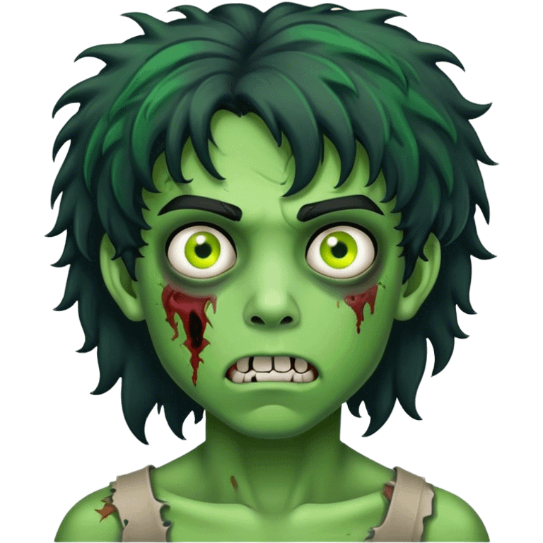 boy zombie with black curly hair mullet with green skin emoji