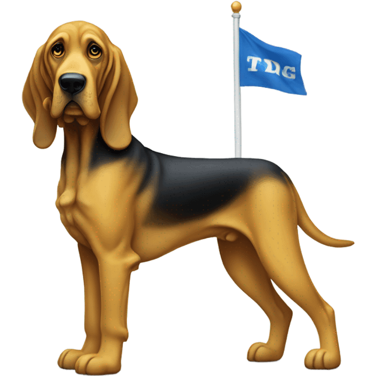 A Blue and yellow bloodhound dog standing erect on its hind legs with a white flag attached to its tail. emoji