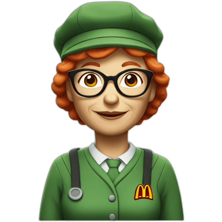 Old lady with red hair and glasses with cap green mcdonalds uniform emoji